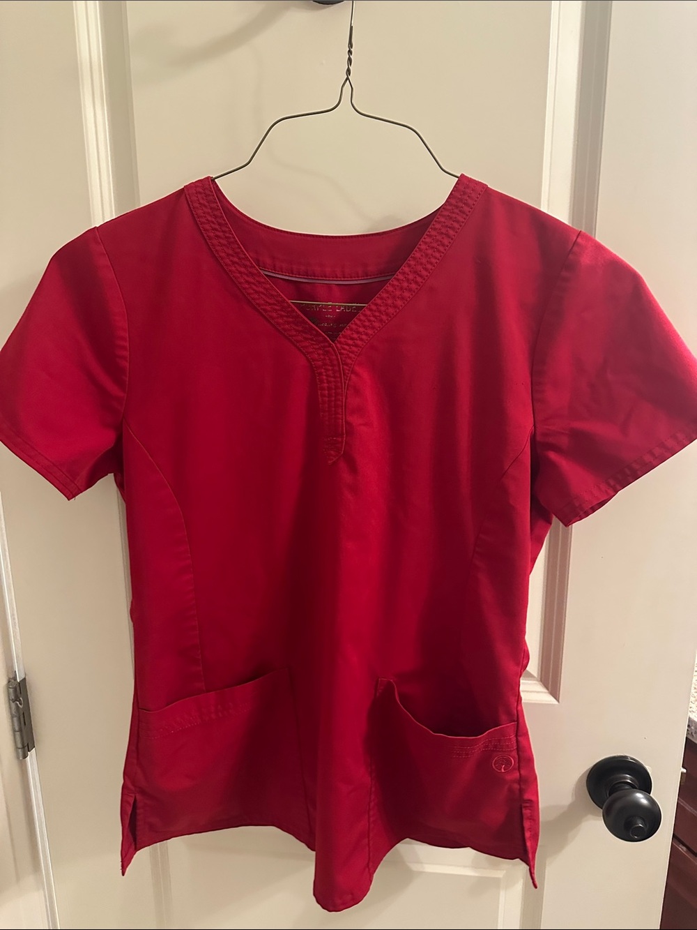 healing hands Red V-Neck Short Sleeve Scrub Top